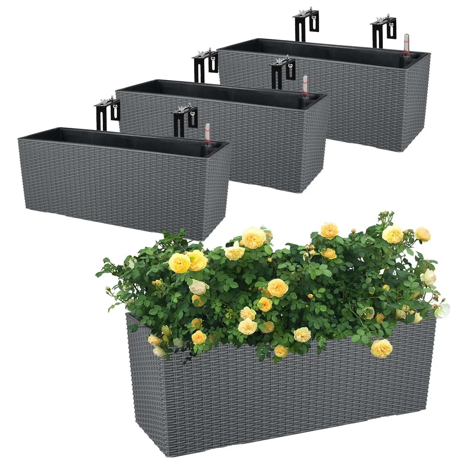 19.5 inch Window Planter Box, Wall Mount/Railing Self-Watering Planter with Adjustable Bracket - Set of 4 - Aoodor